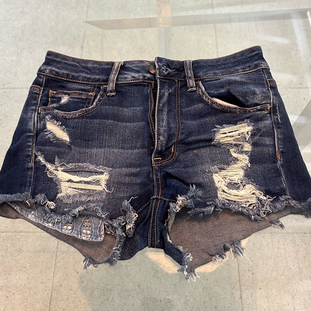 American Eagle High-Rise Distressed Shorty Super Stretch Jean Shorts